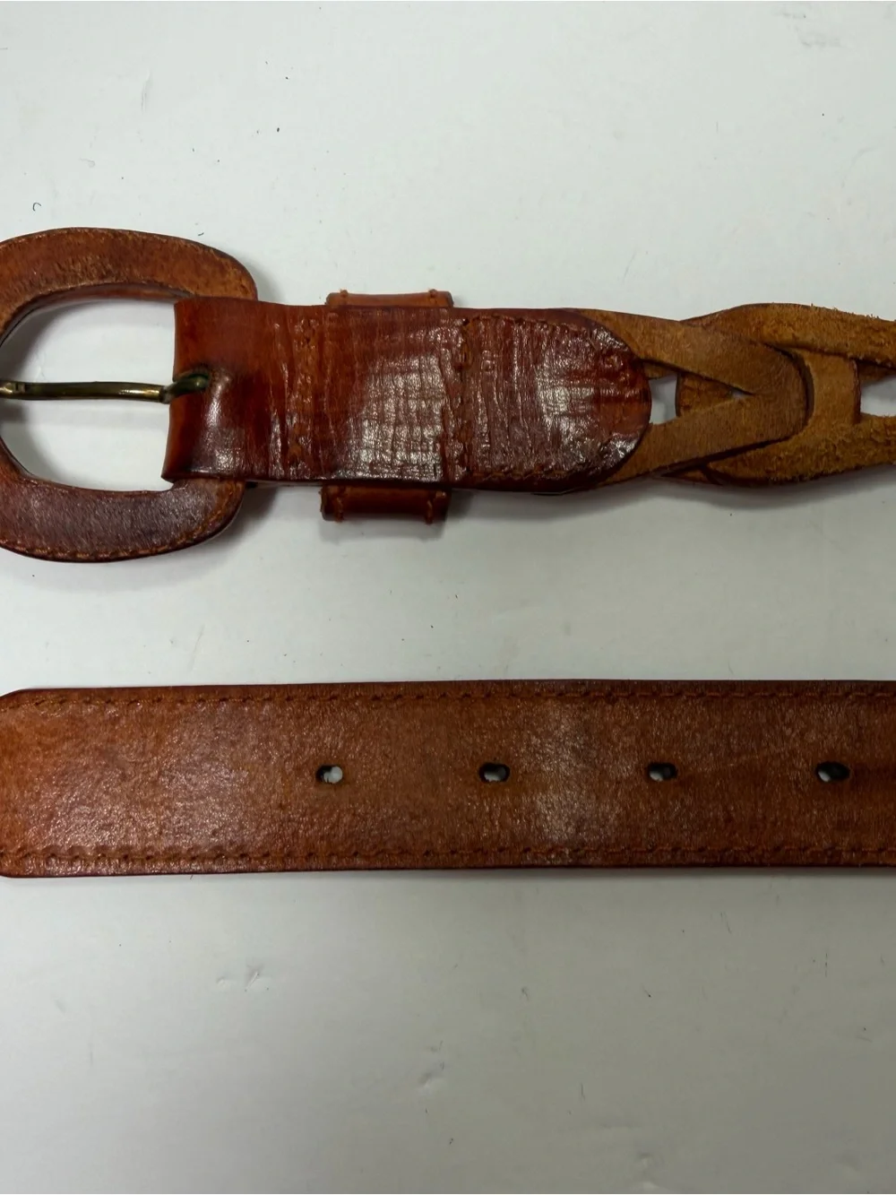Vintage 90s Cognac Brown Leather Interlocking Puzzle Link Belt Women L /XL Boho
